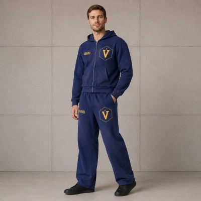 Custom Navy Blue Logo Zip Up Fleece Tracksuit