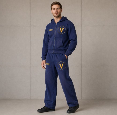 Custom Navy Blue Logo Zip Up Fleece Tracksuit