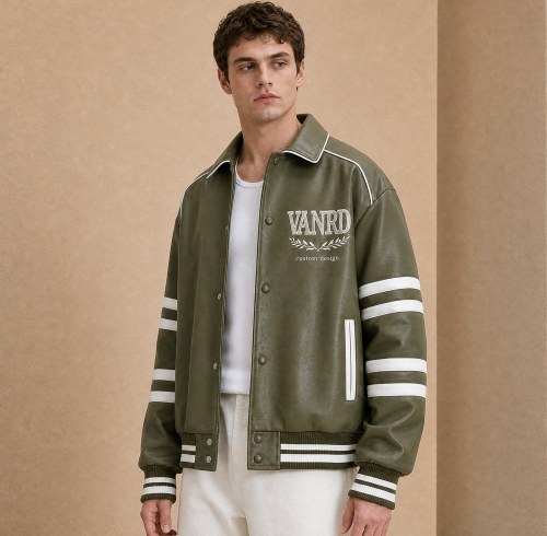 Custom Olive Green PU Leather White Stripe Varsity Jacket