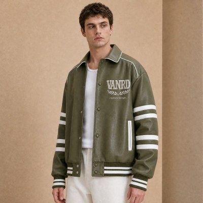 Custom Olive Green PU Leather White Stripe Varsity Jacket