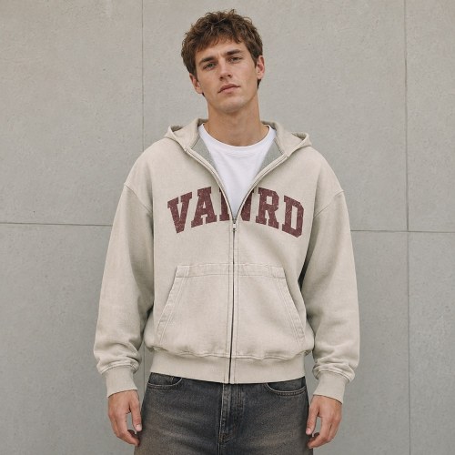 Custom Beige Washed Distressed Letter Print Zip Up Hoodie