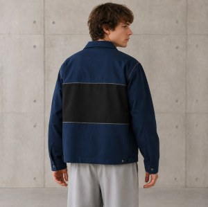 Custom Navy Black Color Block Chest Pocket Work Jacket