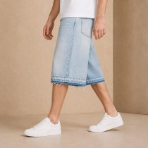 Custom Light Blue Wash Distressed Raw Hem Denim Shorts