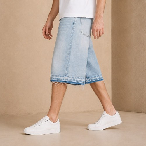 Custom Light Blue Wash Distressed Raw Hem Denim Shorts
