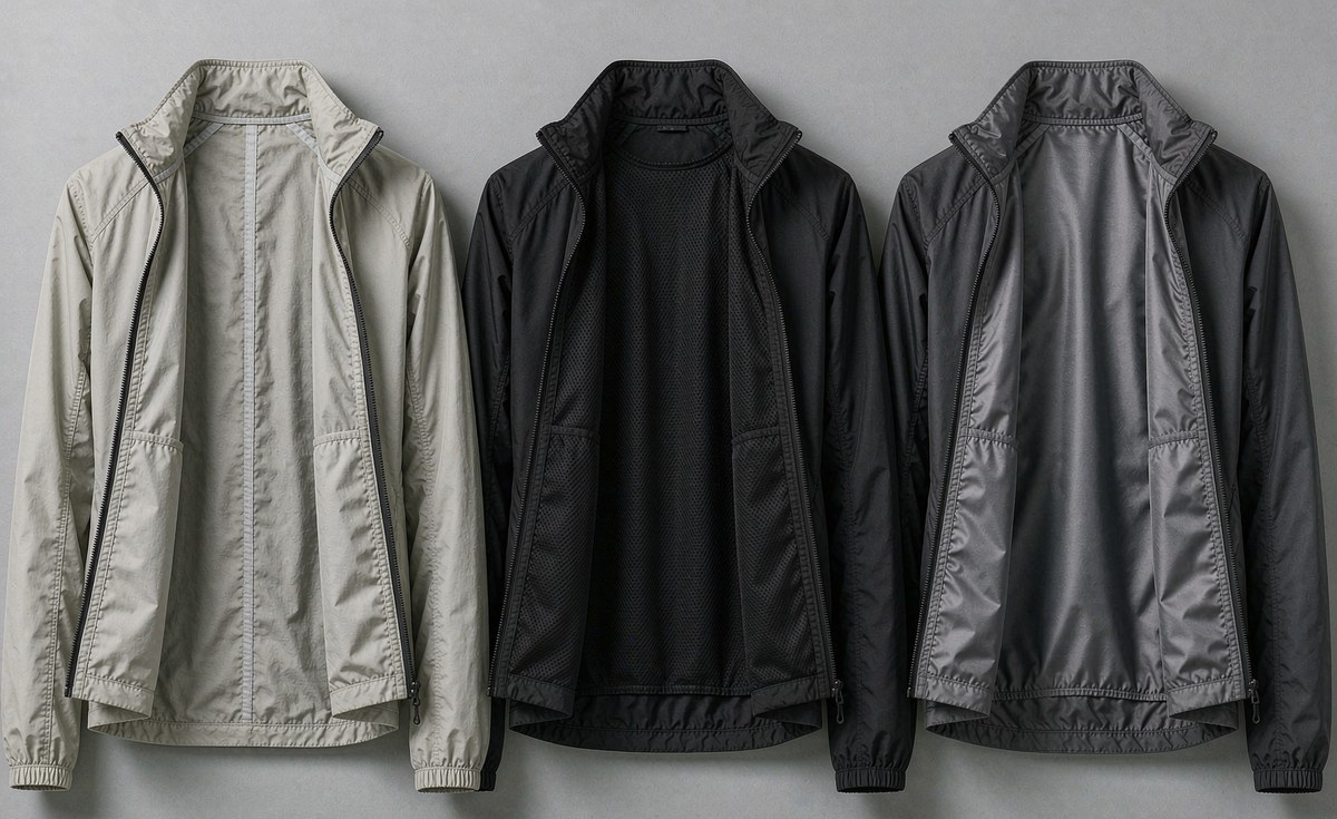 Unlined, mesh lined and taffeta lined windbreaker jackets compared side by side