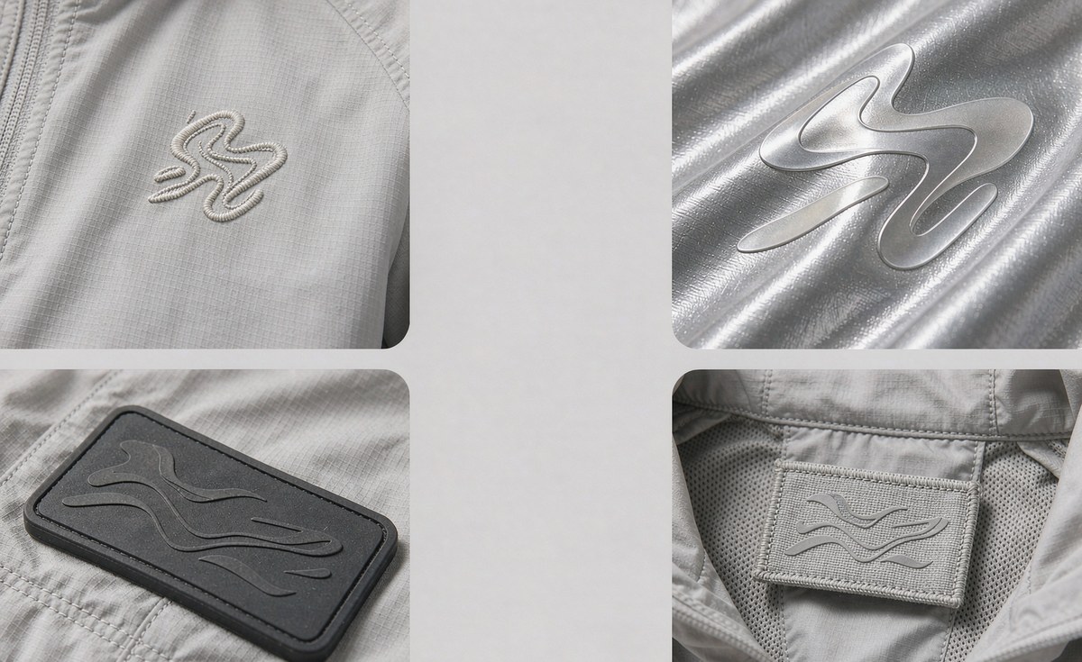 Embroidery, reflective heat transfer, rubber patch and woven label branding techniques on a nylon windbreaker shell