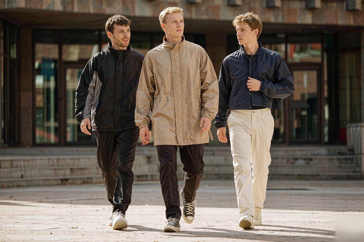 Three western models wearing custom windbreaker jackets in regular colour block, oversized longline and cropped coach fits on an urban plaza