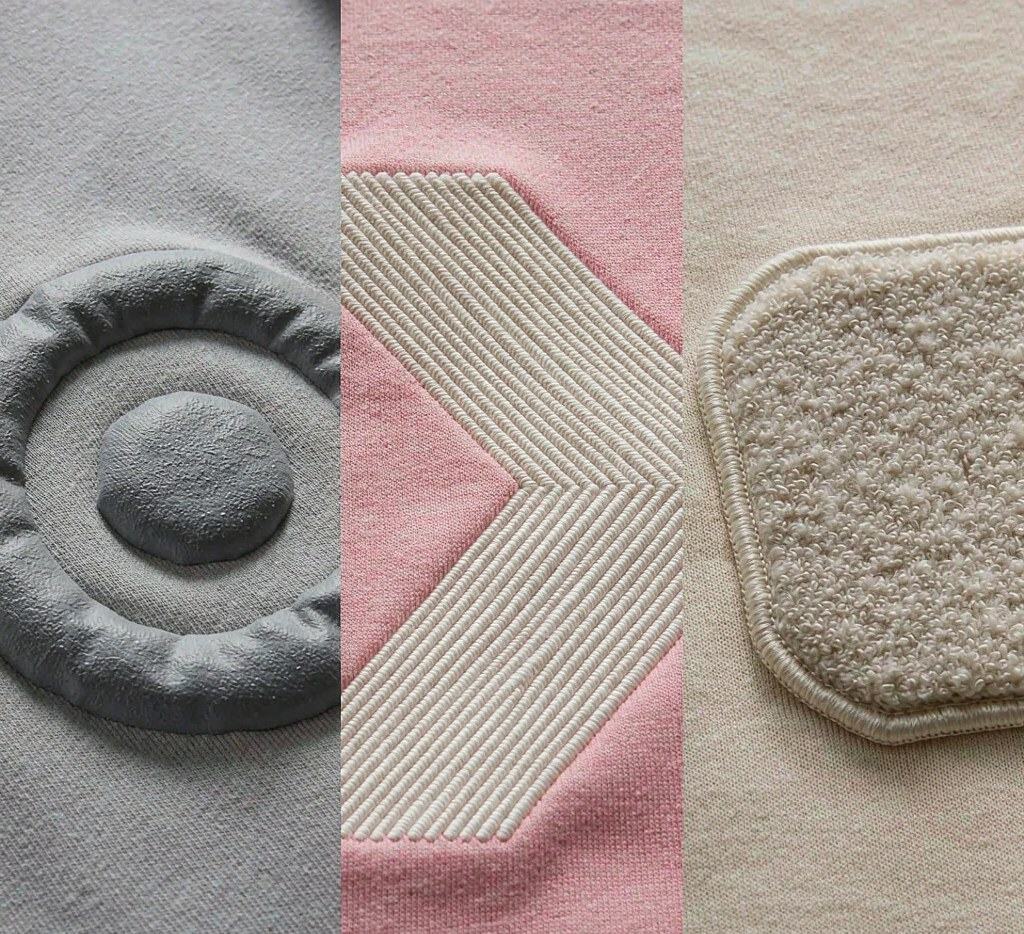Close-up references for raised print, embroidery and chenille appliqué on knit fabric