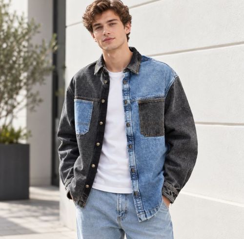 Custom Black Light Blue Color Block Washed Denim Shirt
