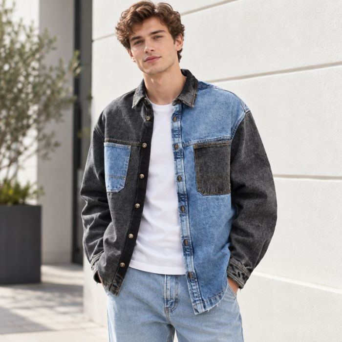 Custom Black Light Blue Color Block Washed Denim Shirt
