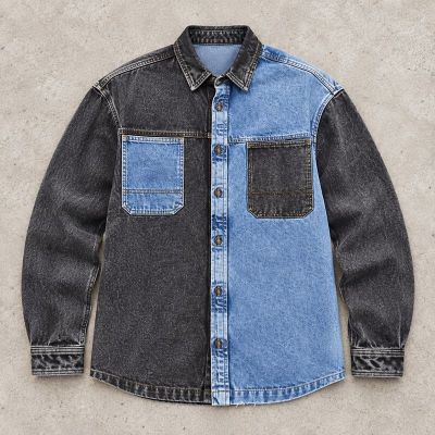 Custom Denim Shirt with Black and Light Blue Color Block