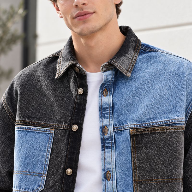 Custom Black Light Blue Color Block Washed Denim Shirt