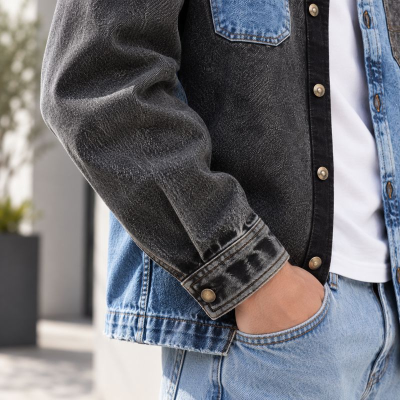 Custom Black Light Blue Color Block Washed Denim Shirt