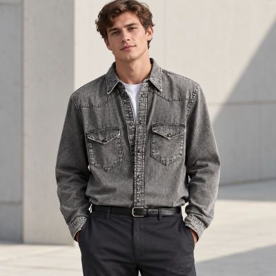 Custom Acid Wash Charcoal Denim Western Shirt