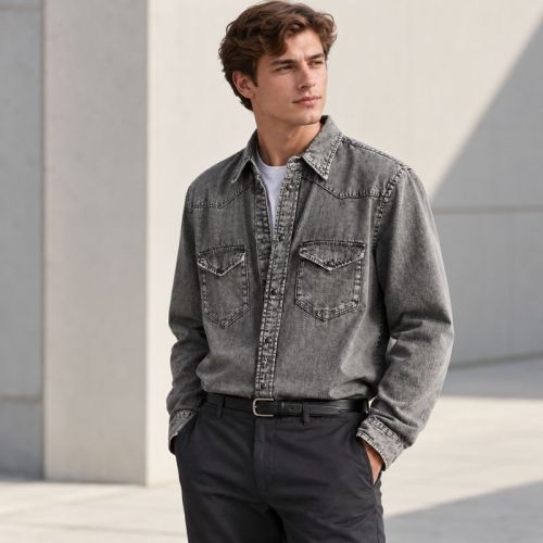 Custom Acid Wash Denim Shirt with Western Yoke and Snaps
