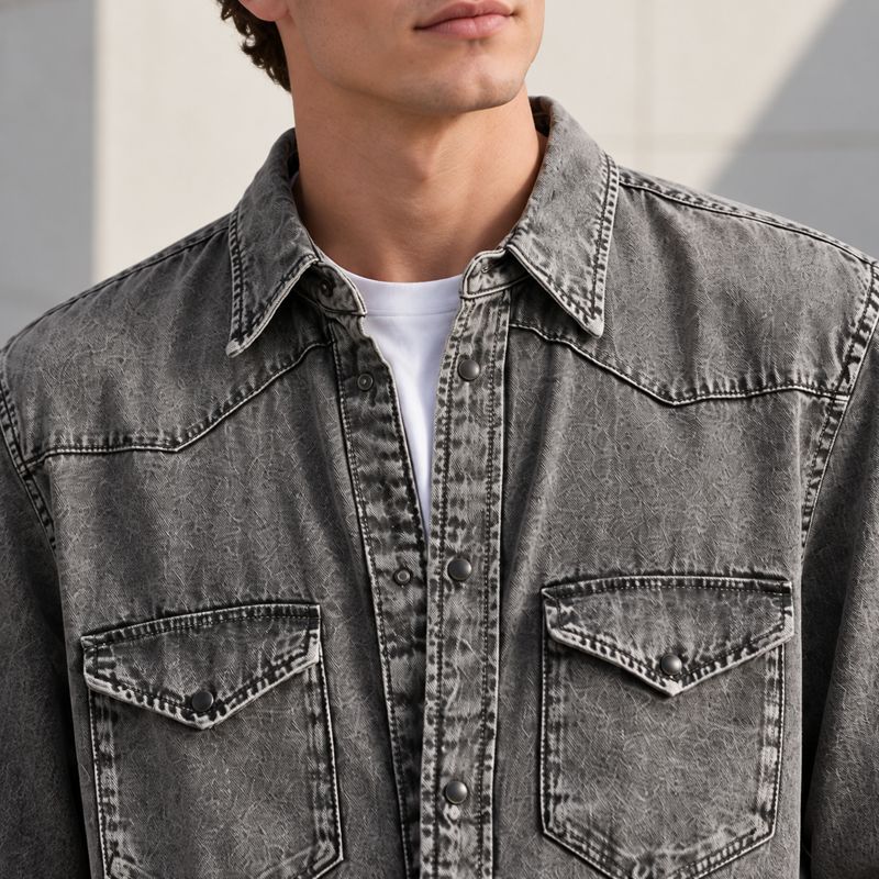 Custom Acid Wash Charcoal Denim Western Shirt
