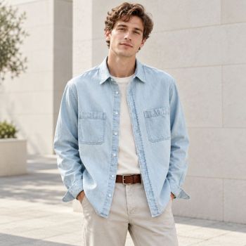 Custom Light Wash Denim Shirt with Square Patch Pockets