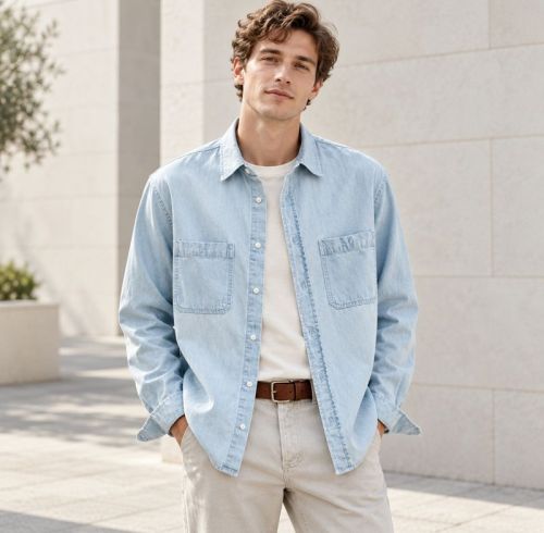 Custom Light Wash Blue Denim Shirt with Pockets