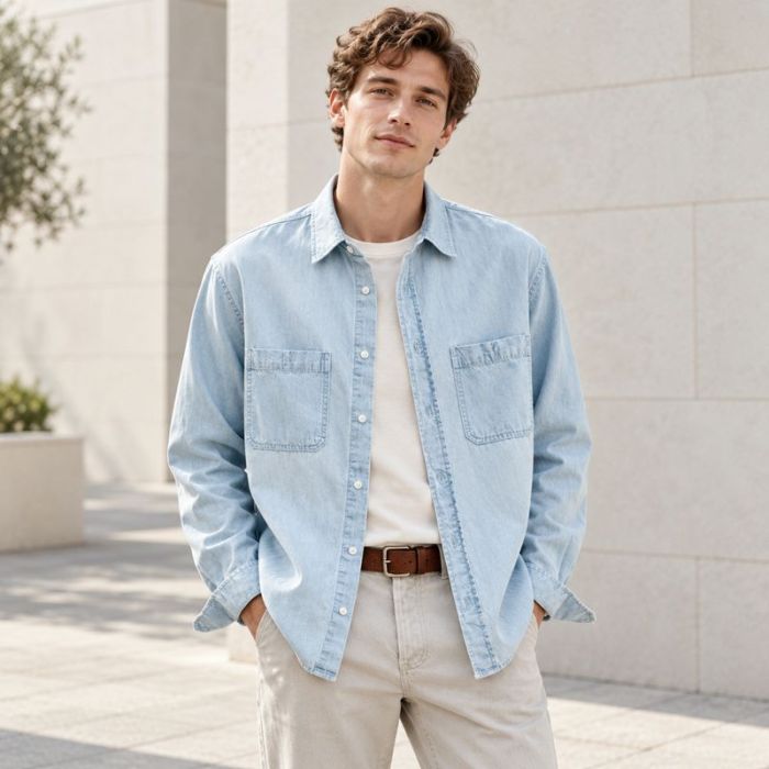 Custom Light Wash Blue Denim Shirt with Pockets