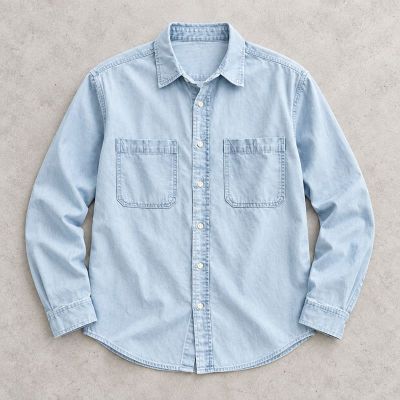Custom Light Wash Denim Shirt with Square Patch Pockets