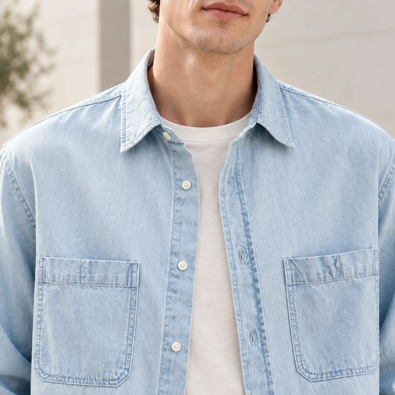 Custom Light Wash Blue Denim Shirt with Pockets