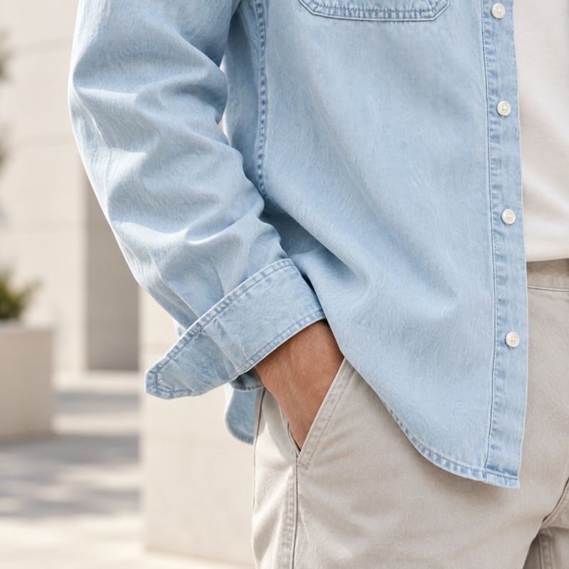Custom Light Wash Blue Denim Shirt with Pockets