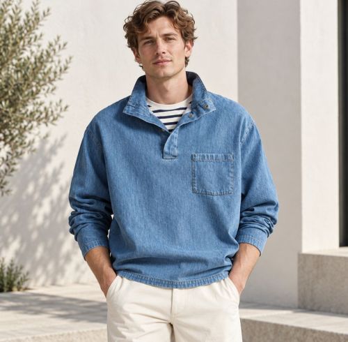 Custom Washed Blue Denim Pullover Shirt
