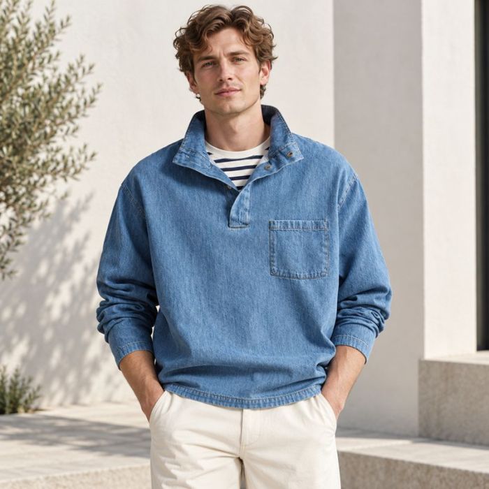 Custom Washed Blue Denim Pullover Shirt