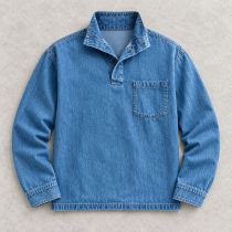 Custom Denim Pullover Shirt with Stand Collar and Snaps