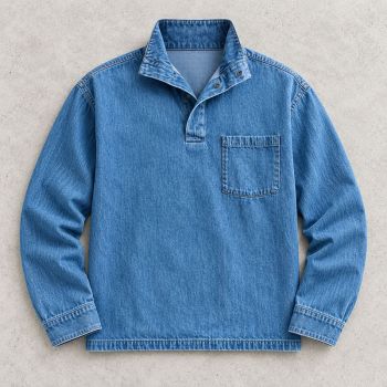 Custom Denim Pullover Shirt with Stand Collar and Snaps