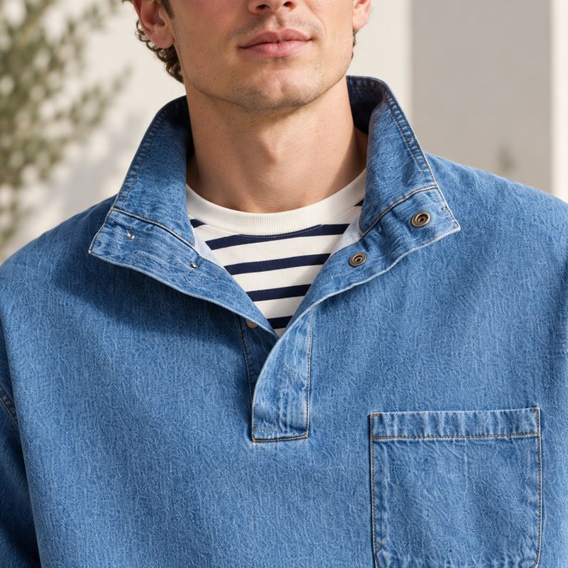 Custom Washed Blue Denim Pullover Shirt