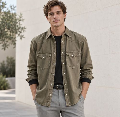 Custom Washed Olive Green Denim Western Shirt