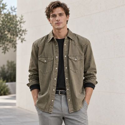 Custom Washed Olive Green Denim Western Shirt