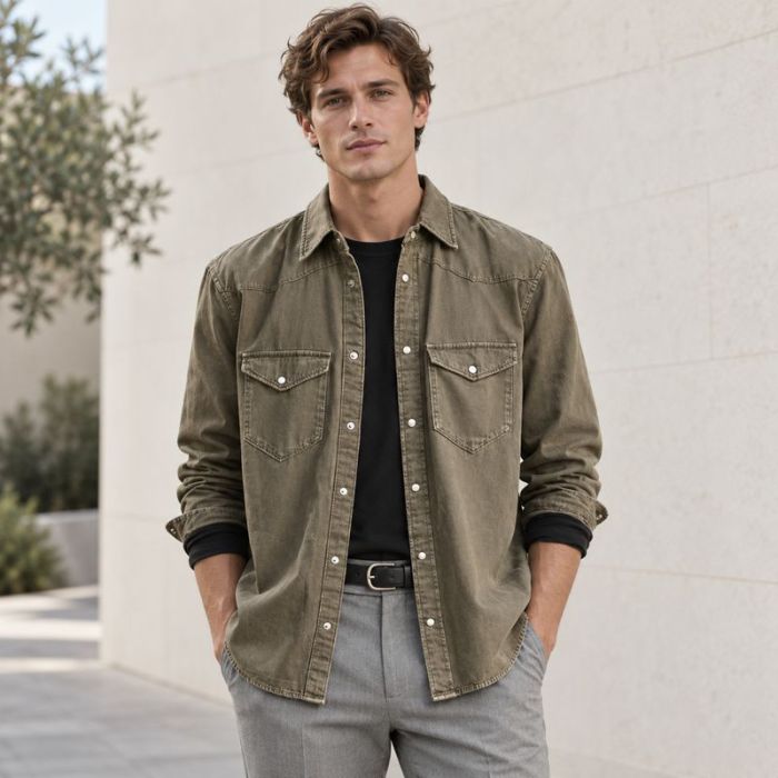 Custom Washed Olive Green Denim Western Shirt