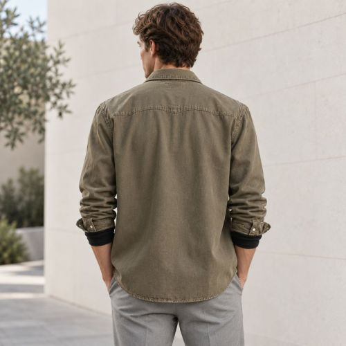 Custom Olive Green Denim Shirt with Western Yoke Detail