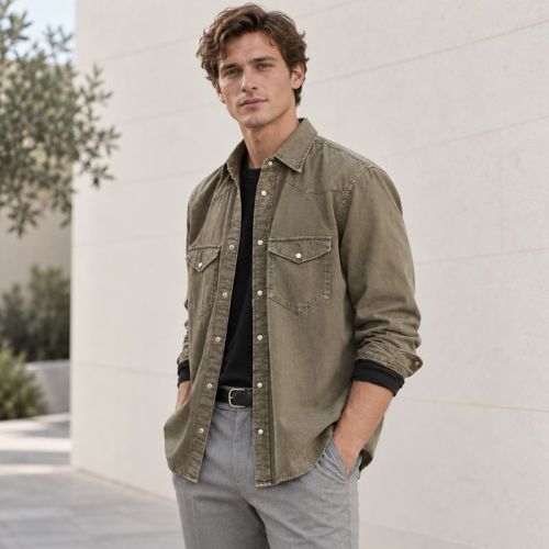 Custom Olive Green Denim Shirt with Western Yoke Detail