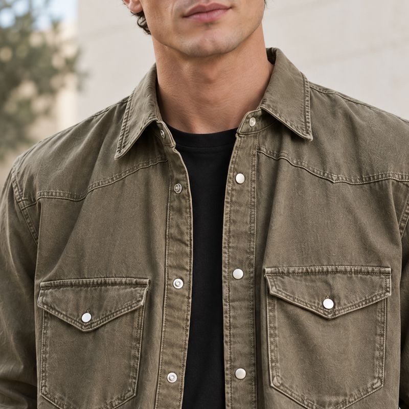 Custom Washed Olive Green Denim Western Shirt