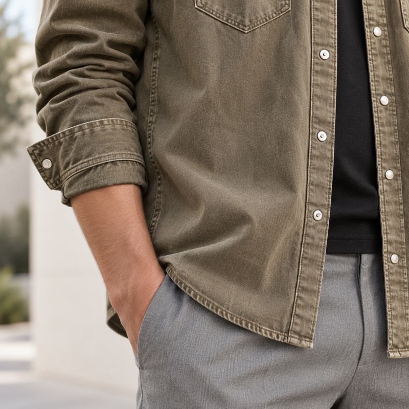 Custom Washed Olive Green Denim Western Shirt