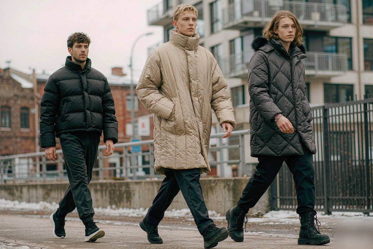 Three western models in winter streetwear wearing a black cropped puffer with wide horizontal quilting, a beige oversized long puffer with narrow channels and a charcoal gray hooded diamond-quilted puffer
