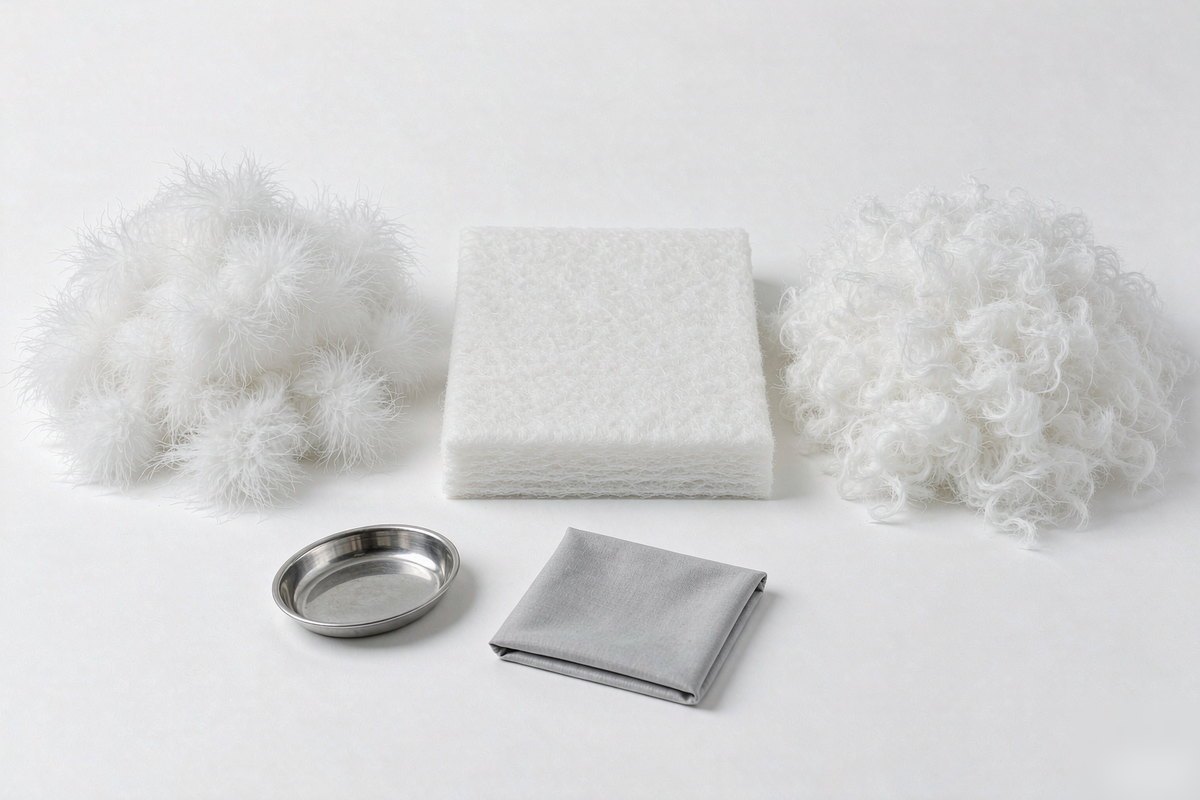 Flat lay comparing clean white goose down clusters, a cut sheet of white synthetic polyester wadding and clean white recycled synthetic fiber fill beside a steel weighing pan and a folded gray nylon shell fabric swatch