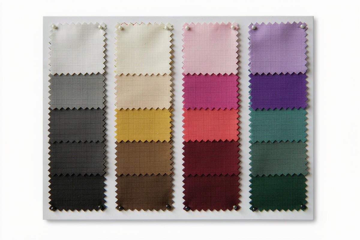 Factory color card laid flat showing four vertical columns of pinked nylon ripstop and polyester shell fabric swatches in neutral, warm, pink and purple-green color gradients