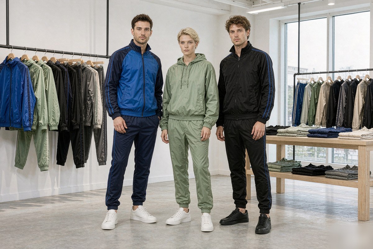 custom nylon tracksuit sets with color blocking and contrast trims