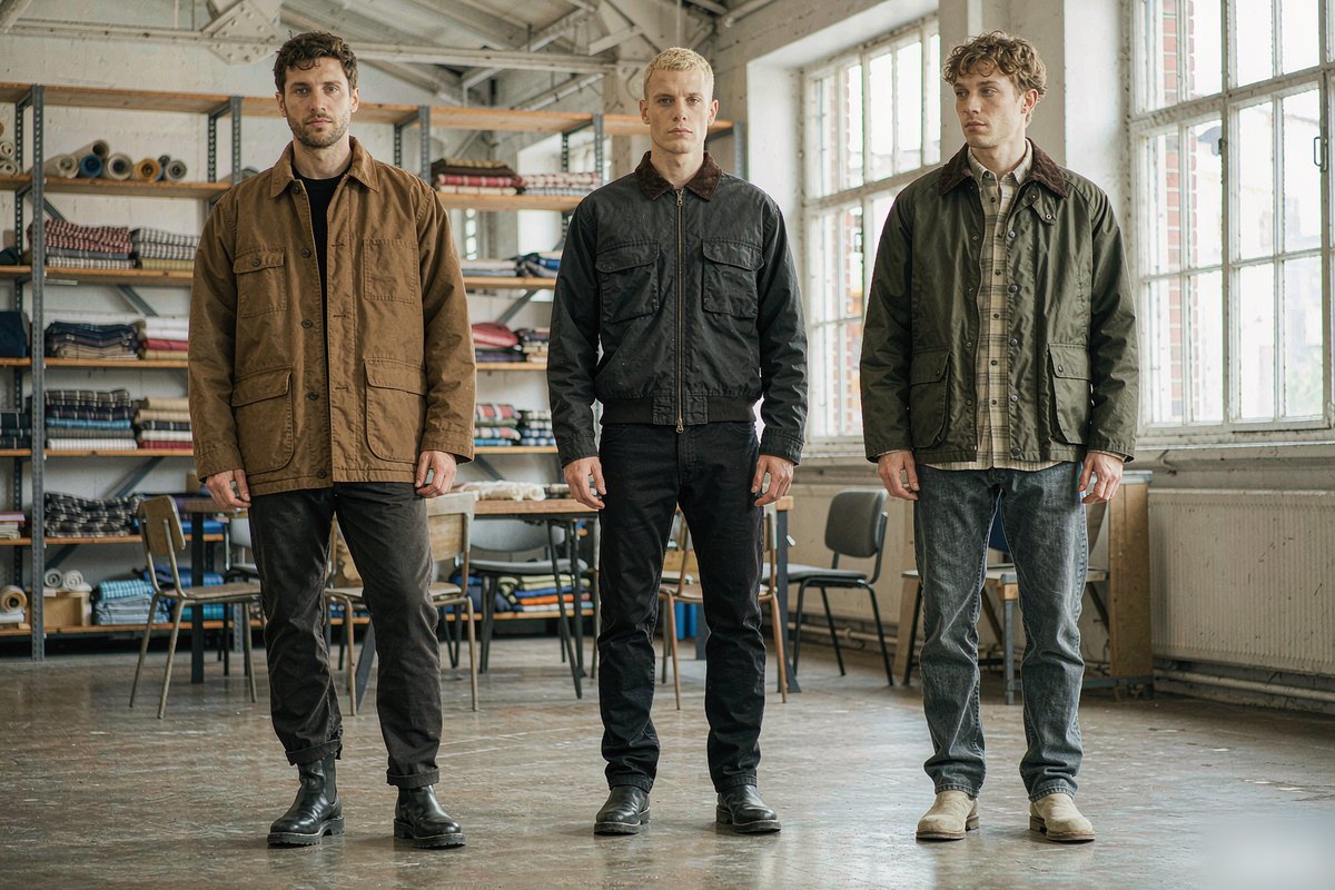 Three models wearing a brown duck canvas chore coat, a washed black Detroit-style work jacket with corduroy collar, and an olive green barn jacket with corduroy collar