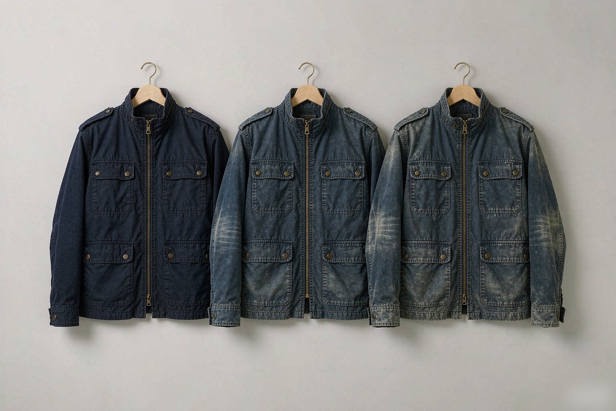 Three identical indigo duck canvas chore jackets hanging side by side showing raw, lightly enzyme-washed and heavily stone-washed fade progressions