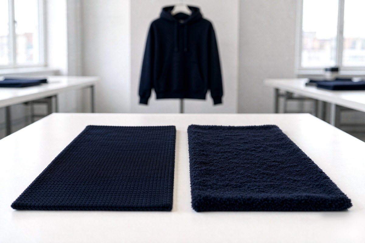 French terry loopback texture and soft brushed fleece fabric shown side by side