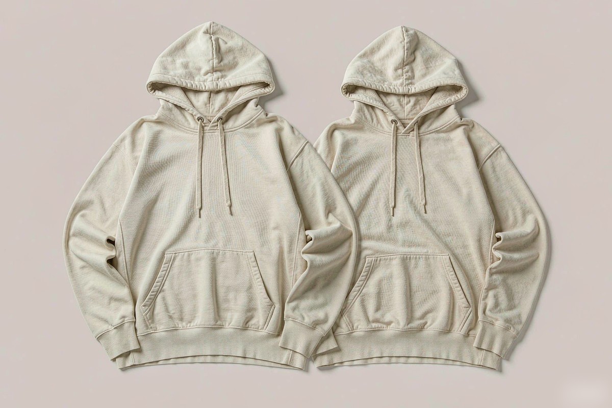 Light colored hoodie samples illustrating different fabric hand feels and silhouettes