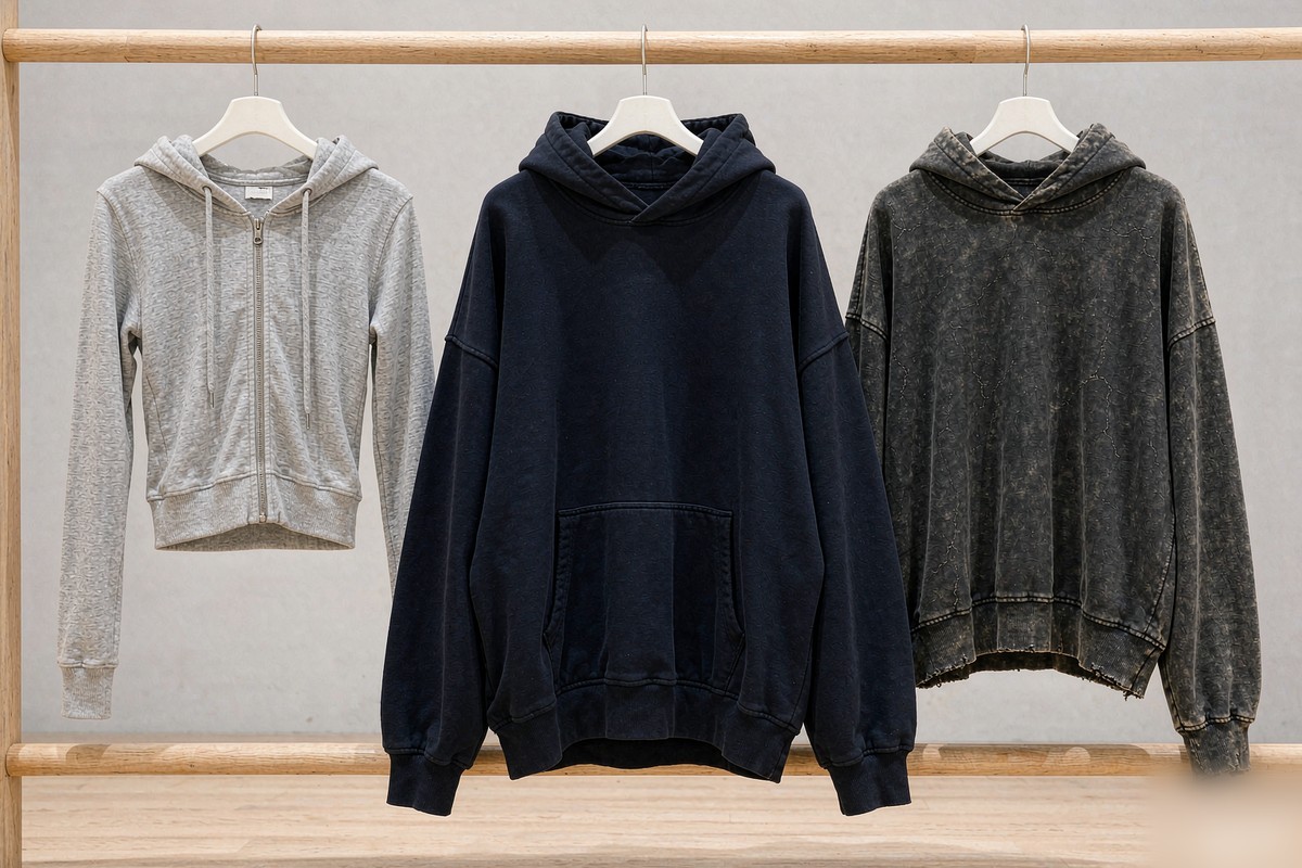 Lightweight hoodie, oversized streetwear hoodie and vintage washed hoodie on a clothing rail