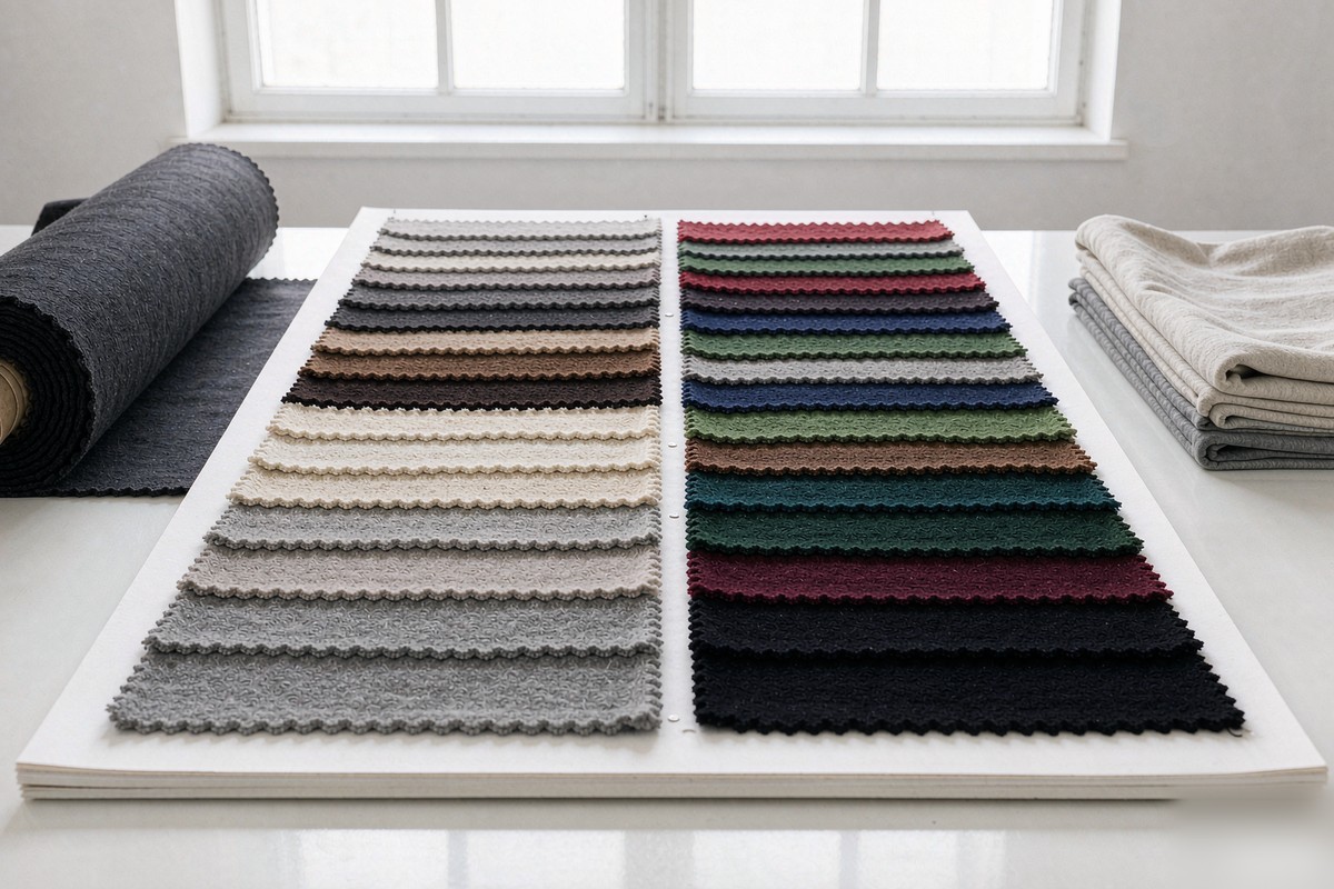 Fabric swatches and knitted fabric samples used in hoodie material selection