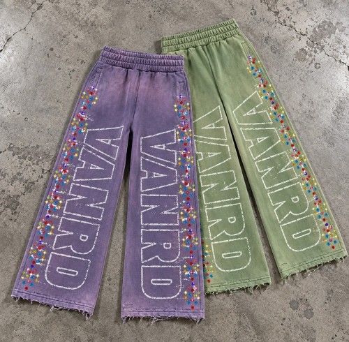 Custom Wide Leg Sweatpants with Rhinestone Details and Raw Hem