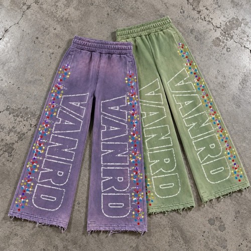 Custom Wide Leg Sweatpants with Rhinestone Details and Raw Hem